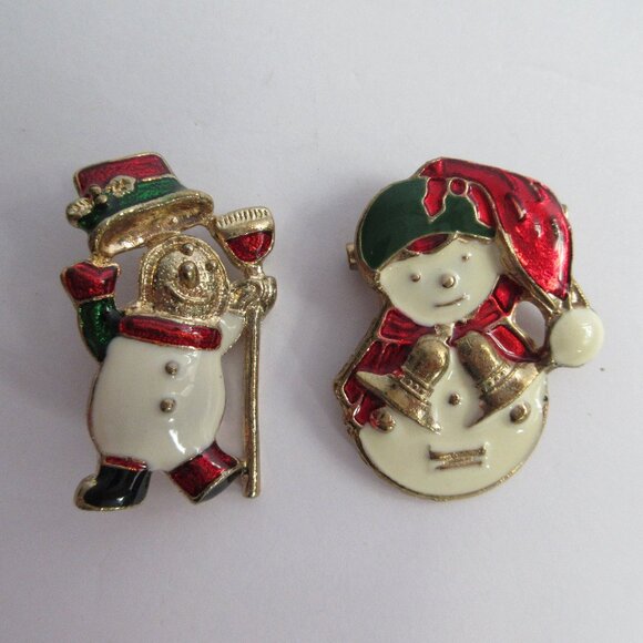 Enamel Snowman Christmas Holiday Brooch Pin Goldtone Metal Vintage Lot of 2 - Picture 1 of 12
